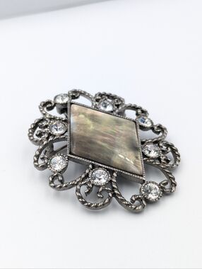 Vintage signed Butler pendant brooch metalwork abalone shell rhinestone